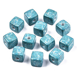 Printed Acrylic Beads, Cube, Dark Turquoise, 12.5x12.5x12.5mm, Hole: 3.5mm