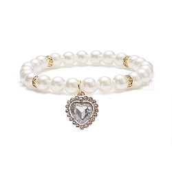 Braccialetto elasticizzato con perline rotonde in perle acriliche con ciondoli a cuore in strass in lega per donna, cirstallo, diametro interno: 2~2-1/8 pollice (5~5.5 cm)