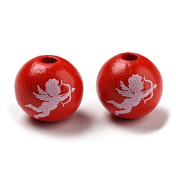 Perline di legno stampati, perline rotonde di San Valentino, rosso, angelo e fata, 16mm, Foro: 3~4.4 mm
