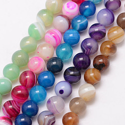 Natural Striped Agate/Banded Agate Bead Strands, Round, Grade A, Dyed & Heated, Mixed Color, 6mm, Hole: 1mm, about 61pcs/strand, 15 inch