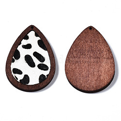 Pendentifs en cuir de vachette écologique, avec du bois teint, goutte d'eau avec imprimé léopard, noir, 46x32.5x4mm, Trou: 1.2mm