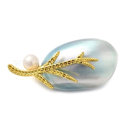 Broches ovales en coquillage blanc teint naturel pour femmes, avec épingle en laiton et perle, véritable plaqué or, bleu ciel, 24~24.5x49.5~57x14~18.5mm