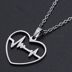 201 Stainless Steel Pendants Necklaces, with Cable Chains and Lobster Claw Clasps, Heart with Heartbeat, Stainless Steel Color, 17.71 inch(45cm), 1.5mm