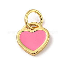 Acumular charms de latón chapado, con anilla y esmalte, sin plomo y cadmio, Plateado de larga duración, charm de corazón, real 18k chapado en oro, rosa perla, 10x9.5x1mm, agujero: 4.4 mm