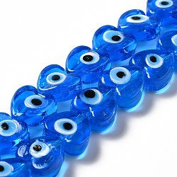 Handgemachte Glasperlen bösen Blick Stränge, Herz, Verdeck blau, 12x12x6 mm, Bohrung: 1.4 mm, ca. 33 Stk. / Strang, 14.37''~14.57'' (36.5~37 cm)