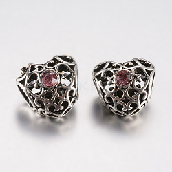 Perle europee di strass in lega di stile tibetano, perline con foro grande, cuore, argento antico, roso, 12x12.5x10mm, Foro: 5 mm