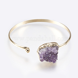 Plaqué or bracelets manchette en laiton, avec cristal druzy, violet, 2-3/8 pouce x 2-1/2 pouces (60x65 mm)