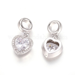 Brass Micro Pave Cubic Zirconia European Dangle Charms, Large Hole Pendants, Heart, Clear, Platinum, 22mm, Hole: 5mm