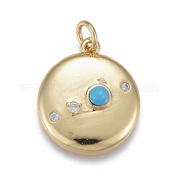 Brass Micro Pave Cubic Zirconia Pendants, with Synthetic Turquoise, Long-Lasting Plated, Flat Round, Real 18K Gold Plated, 19x16x5mm, Jump Rings: 5x1mm, Inner Diameter: 3mm