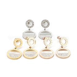 Ion Plating(IP) 304 Stainless Steel Stud Earrings, with Rhinestone and White Shell, Flat Round with Roman Numerals, Mixed Color, 33.5mm, Pin: 0.8mm