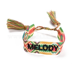 Bracelet tressé en polycoton (coton polyester) word melody avec breloque pompon, bracelet large réglable plat pour couple, colorées, diamètre intérieur: 2~3-1/8 pouce (5~8 cm)