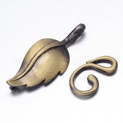 Brass Hook Clasps, For Leather Cord Bracelets Making, Leaf, Brushed Antique Bronze, Leaf: 33x13x3mm, Hook: 17x10x2mm, Hole: 1mm and 3x3mm
