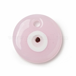 Colgantes hechos a mano del lampwork del ojo malvado, charms planas redondas, rosa perla, 30x5.5mm, agujero: 4 mm
