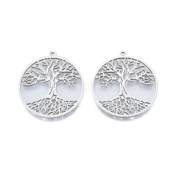 201 Stainless Steel Pendant, Hollow Charms, Flat Round with Tree of Life, Stainless Steel Color, 38x35x1.5mm, Hole: 2mm