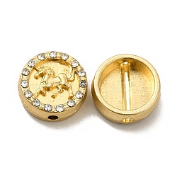 Perles de cristal strass en alliage, rond et plat avec licorne, or clair, 12x5mm, Trou: 1.6mm