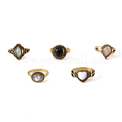 5 Stück 5 Stil Opal & natürlicher Obsidian & Glas Fingerringe Set, Stapelbare Ringe aus ovaler, herz- und tropfenförmiger Legierung für Damen, Antik Golden, Innendurchmesser: 15~17 mm, 1pc / style