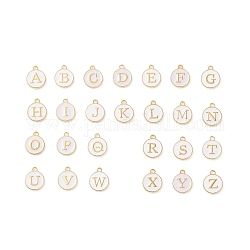 Anfangsbuchstabe a~z Alphabet Emaille Charms, flache runde Scheibe doppelseitige Charms, vergoldete emaillierte Pailletten-Legierungs-Charms, weiß, 14x12x2 mm, Bohrung: 1.5 mm, 26 Stück / Set