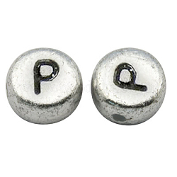 Perles de lettre à trou horizontal acrylique plaqué couleur argent, plat rond, letter.p, 7x3.5mm, Trou: 1mm, environ 288 pcs/40 g