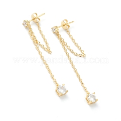 Brass Micro Pave Clear Cubic Zirconia Cable Chain Tassel Earrings, Long-Lasting Plated, Real 18K Gold Plated, 48mm, Pin: 0.7mm