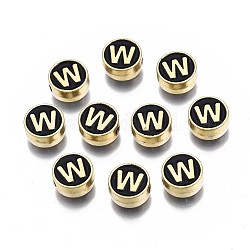 Legierung Emaille-Perlen, cadmiumfrei und bleifrei, Licht Gold, flach rund mit Alphabet, Schwarz, letter.w, 8x4 mm, Bohrung: 1.5 mm