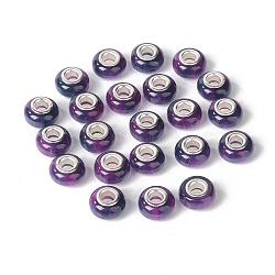 Résine rondelle perles européennes, Perles avec un grand trou   , pierres d'imitation, laiton avec ton argent noyaux doubles, violet foncé, 13.5x8mm, Trou: 5mm