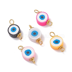 Connecteurs de liens de perles d'argile polymère faites à la main, avec les accessoires en laiton et alliage, plat rond avec des yeux, couleur mixte, 18x9x4.5mm, Trou: 1.8~3mm