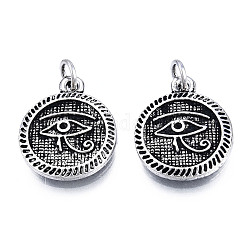 Tibetan Style Alloy Pendant Rhinestone Settings, with Jump Rings, Cadmium Free & Lead Free, Flat Round with Eye of Horus Pattern, Antique Silver, Fit for 1mm Rhinestone, 18x15x2mm, Hole: 3mm
