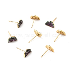 Aretes semicirculares con circonitas cúbicas coloridas, joyas de latón para mujer, sin plomo, cadmio, níquel, real 18k chapado en oro, 9.5x5.5mm, pin: 0.7 mm