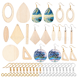 Olycraft DIY Unfinished Wood Earring Makings Kits, Including Mixed Shapes Pendants, Brass Earring Hooks and Jump Rings, Mixed Color, Penadnts: 70pcs/box