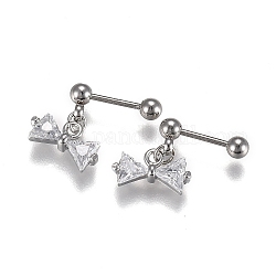 304 Stainless Steel Barbell Cartilage Earrings, with Clear Cubic Zirconia Bowknot Charm, Stainless Steel Color, 11.5mm, Pin: 0.8mm, 12pcs/set