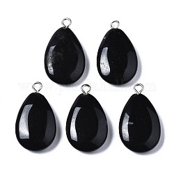 Pendentifs en pierre noire synthétique, avec boucle en fer platine, larme, 23~25x12~14x4~5mm, Trou: 2mm