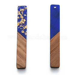 Grandes colgantes de resina opaca y madera de nogal, con lámina de oro, encanto rectángulo, azul medio, 51.5x7.5x3mm, agujero: 1.8 mm