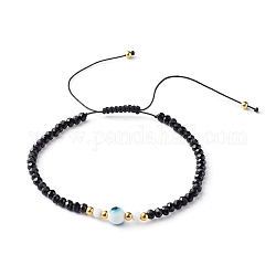 Bracelet de perles tressées en fil de nylon réglable, avec des perles à facettes en verre rondelle, perle ronde au chalumeau fait à la main, blanc, diamètre intérieur: 2-1/2 pouce (6.4~11.7 cm)
