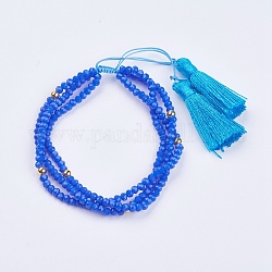Braccialetti di vetro multi-strand, con perle tonde in ottone e pendenti con nappa in corda di nylon, blu, 2 pollice (52 mm)