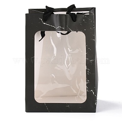 Sacchetti regalo di carta rettangolari, borsa per la spesa portatile in carta kraft, con finestra in plastica e maniglie in poliestere, nero, 40.5cm