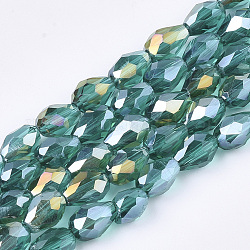 Abalorios de vidrio electroplate hebras, color de ab chapado, facetados, lágrima, verde mar claro, 7.5~8x6mm, agujero: 1 mm, aproximamente 72 pcs / cadena, 22.6 pulgada