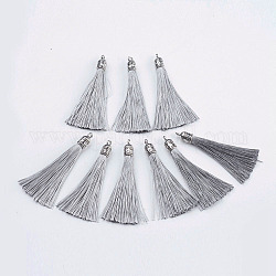 Nylon Quasten großen Anhänger Dekorationen, mit antiken Silber Legierungszubehör, Grau, 55~67x7 mm, Bohrung: 2 mm