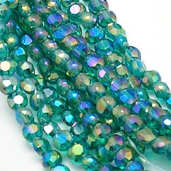 1 Strand Electroplate Glass Beads Strands, AB Color Plated, Faceted, Flat Round, Dark Cyan, 4x3mm, Hole: 1mm, about 100pcs/strand, 12inch