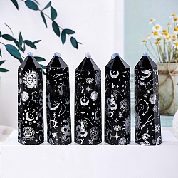 Natural Black Obsidian Pointed Prism Bar Home Display Decoration, Healing Stone Wands, for Reiki Chakra Meditation Therapy Decos, Moon Star Print Faceted Bullet, Silver, 50~60mm