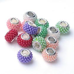 ABS Plastic Imitation Pearl European Beads, Large Hole Beads, Rondelle, with Platinum Tone Brass Cores, Mixed Color, 14x9mm, Hole: 5mm