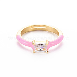 Anelli per polsini in ottone smaltato, anelli aperti, con chiaro zirconi, nichel libero, rettangolo, oro, perla rosa, misura degli stati uniti 7 1/4 (17.5mm)