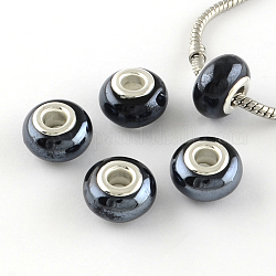 Rondelles nacré porcelaine main perles européennes, avec noyaux en laiton plaqué couleur argent, Perles avec un grand trou   , noir, 14~16x9~10mm, Trou: 5mm