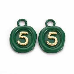 Spray Painted Alloy Pendants, Cadmium Free & Lead Free, Oval with Number 5, Dark Green, 26x18.5x3mm, Hole: 4mm