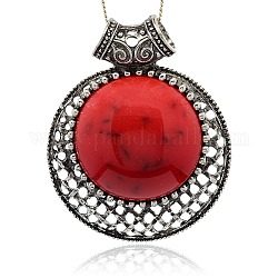 Antique Silver Plated Alloy Resin Flat Round Pendants, Red, 85x67x12mm, Hole: 10mm