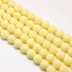Synthetic Coral Beads Strands, Dyed, Round Beads Carved Flower Rose, Lemon Chiffon, 8mm, Hole: 1mm, about 52pcs/strand, 15.74 inch