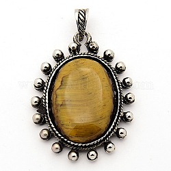 Gemstone Natural Tiger Eye Pendants, with Antique Silver Alloy Pendant Settings, Oval, 47x35x10mm, Hole: 5x8mm