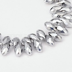 Electroplate Glass Beads Strands, Top Drilled Beads, Faceted Teardrop, Full Plated, Platinum Plated, 12x6mm, Hole: 1mm, about 100pcs/strand, 15.7 inch