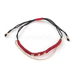 Регулируемые нейлоновые нити плетеные браслеты из бисера, многожильных браслеты, с позолоченными латунными круглыми бусинами и кабельными цепями, красные, внутренний диаметр: 1~3-1/2 дюйм (2.6~9 см)