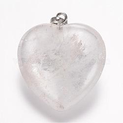 Quarzo naturale pendenti in cristallo, cristallo di rocca, cuore, platino, 32.5~34x30x12mm, Foro: 5x8 mm
