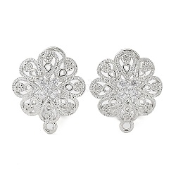 Flower Brass Micro Pave Cubic Zirconia Stud Earrings Finding, with Horizontal Loops, Cadmium Free & Lead Free, Platinum, 18x16mm, Hole: 1.2mm, Pin: 0.8mm